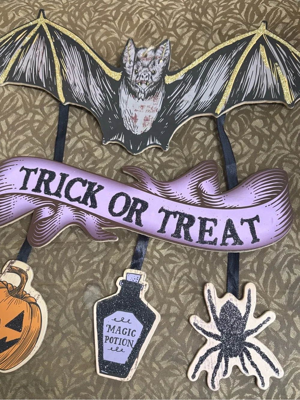 Purple Bat 'Trick or Treat' Hanging Halloween Sign